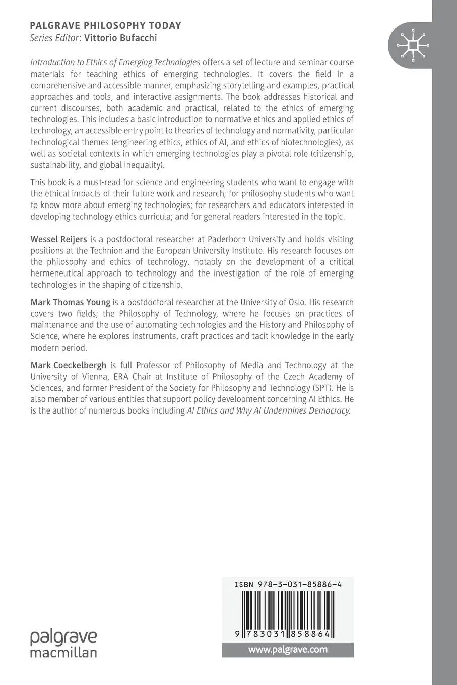 Rückseite: 9783031858864 | Introduction to the Ethics of Emerging Technologies | Reijers (u. a.)
