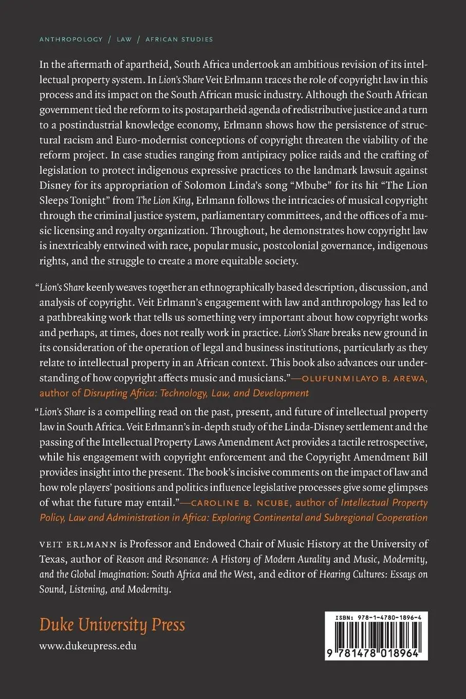 Rückseite: 9781478018964 | Lion's Share | Remaking South African Copyright | Veit Erlmann | Buch