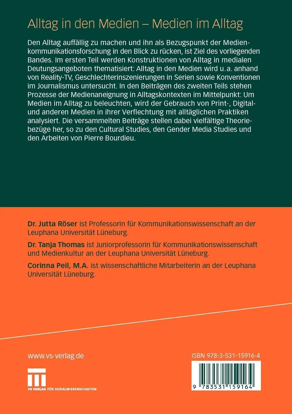 Rückseite: 9783531159164 | Alltag in den Medien - Medien im Alltag | Jutta Röser (u. a.) | Buch