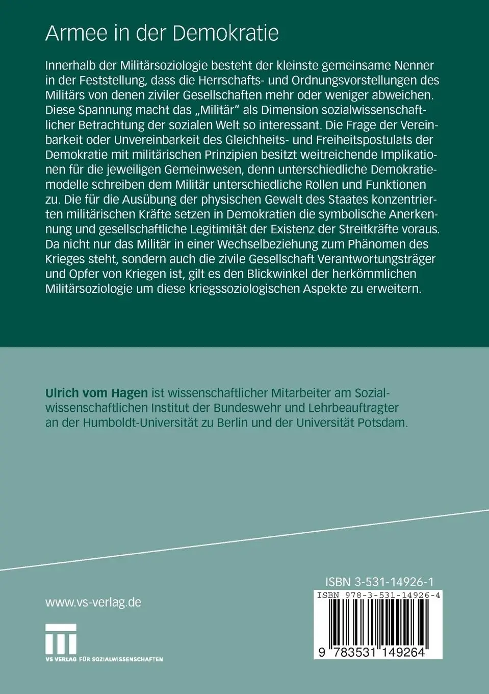 Rückseite: 9783531149264 | Armee in der Demokratie | Ulrich Hagen | Taschenbuch | Paperback | vi