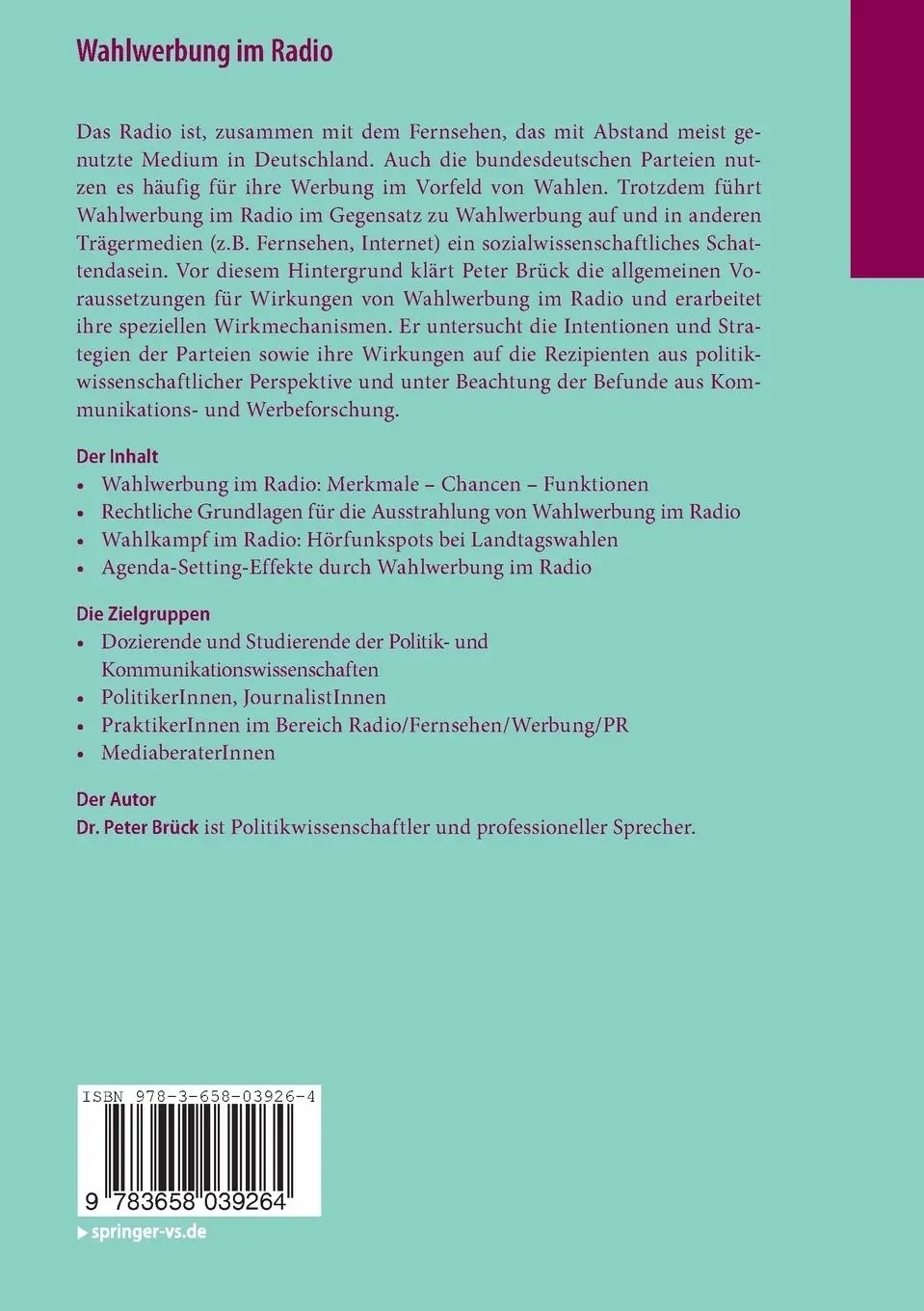 Rückseite: 9783658039264 | Wahlwerbung im Radio | Peter Brück | Taschenbuch | 271 S. | Deutsch