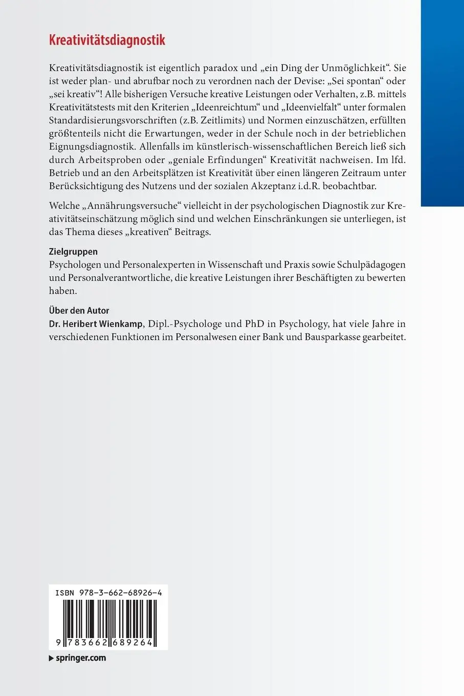 Rückseite: 9783662689264 | Kreativitätsdiagnostik | Heribert Wienkamp | Taschenbuch | ix | 2024