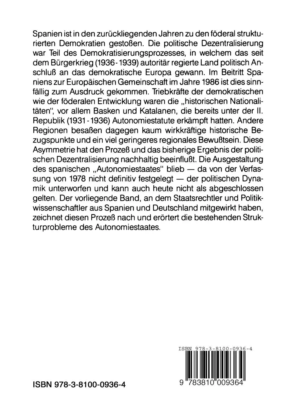 Rückseite: 9783810009364 | Der Staat der Autonomen Gemeinschaften in Spanien | Encinar (u. a.)