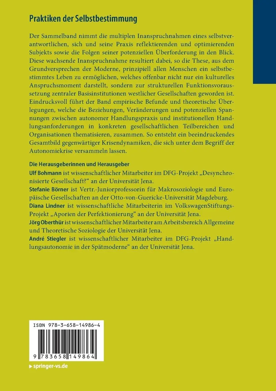 Rückseite: 9783658149864 | Praktiken der Selbstbestimmung | Ulf Bohmann (u. a.) | Taschenbuch