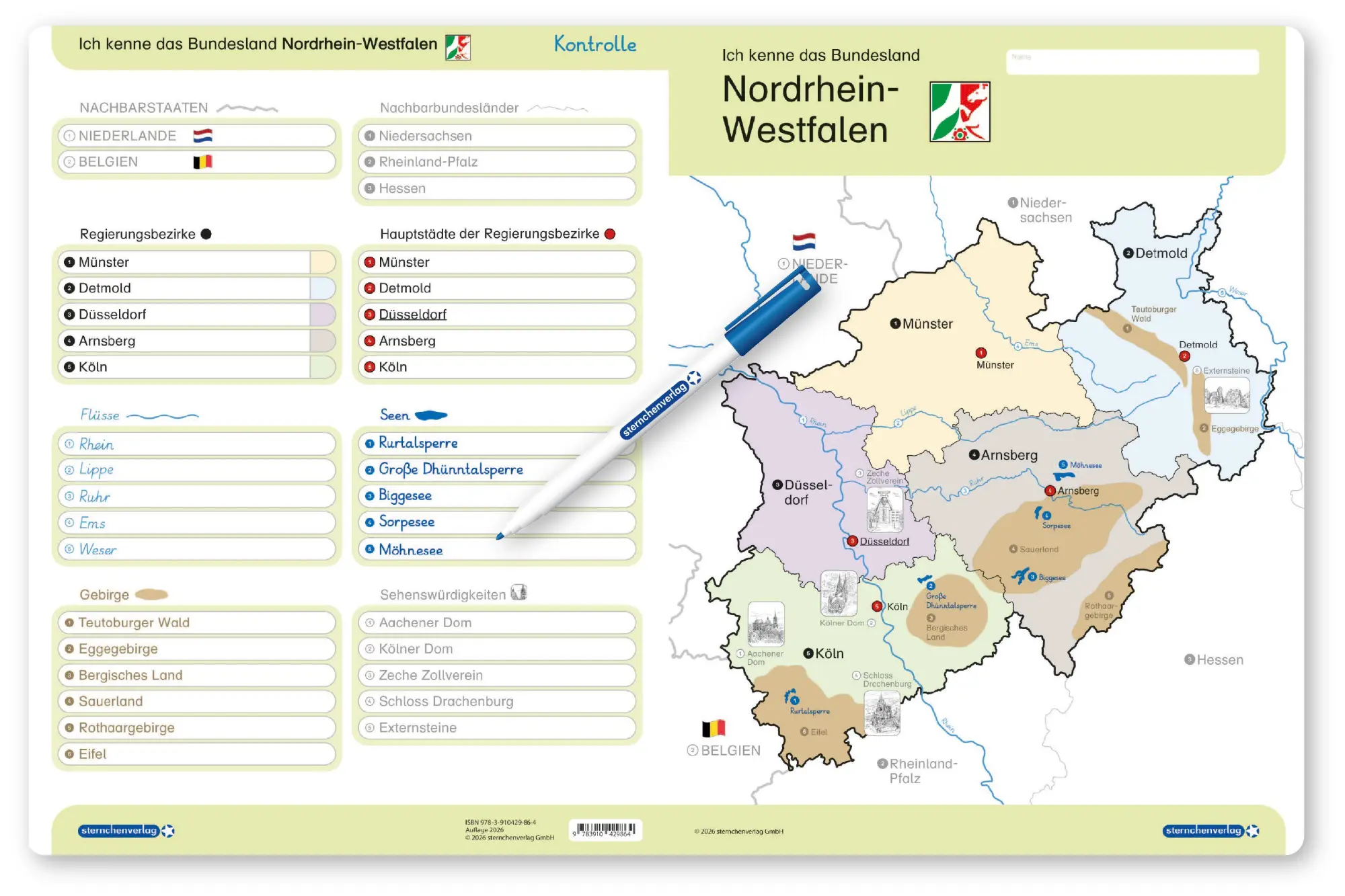 Cover: 9783910429864 | Ich kenne das Bundesland Nordrhein-Westfalen- Lerntafel mit Stift