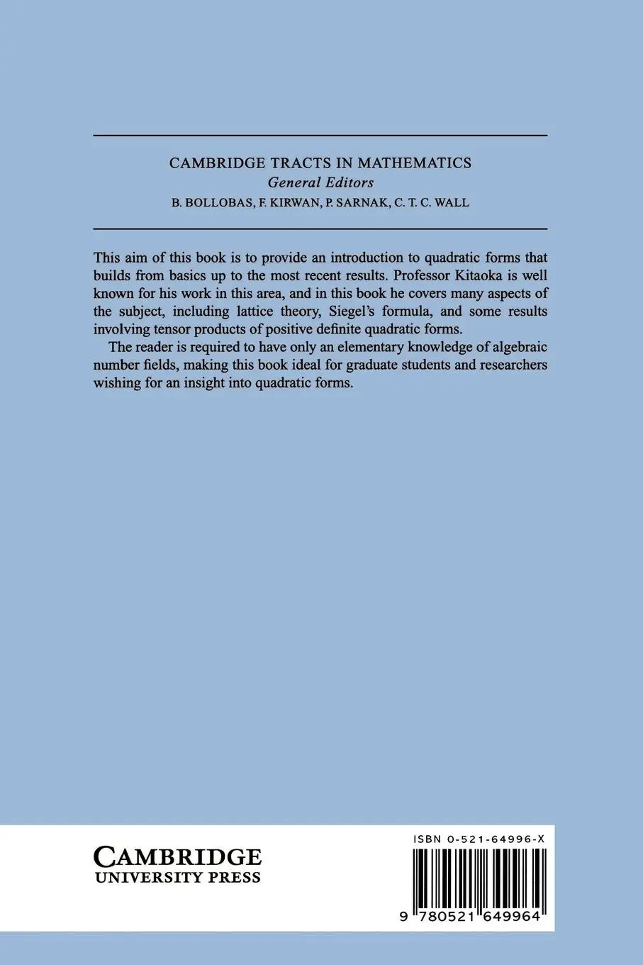 Rückseite: 9780521649964 | Arithmetic of Quadratic Forms | Yoshiyuki Kitaoka | Taschenbuch | 2003