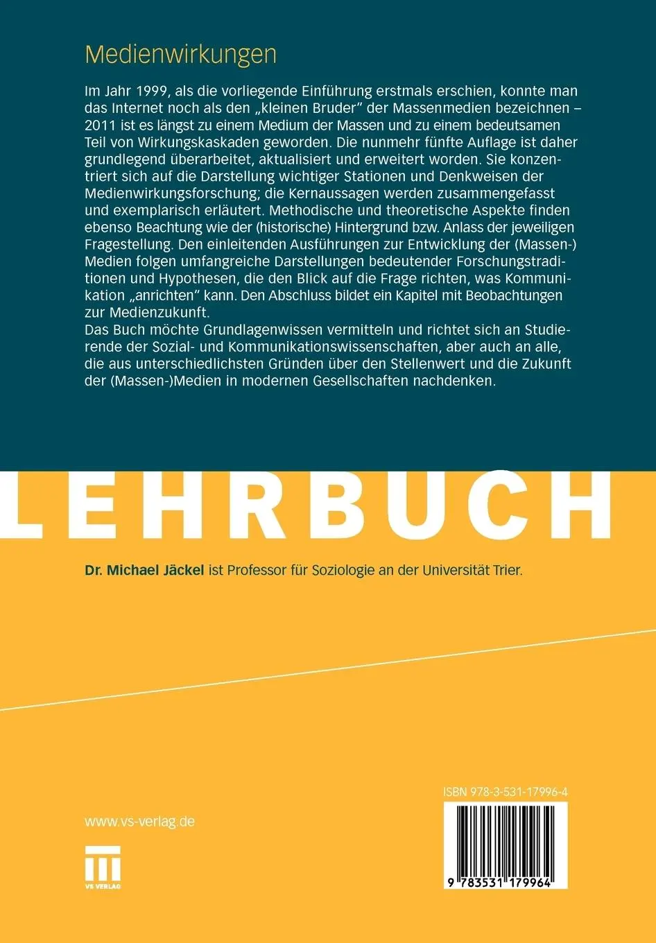 Rückseite: 9783531179964 | Medienwirkungen | Ein Studienbuch zur Einführung | Michael Jäckel