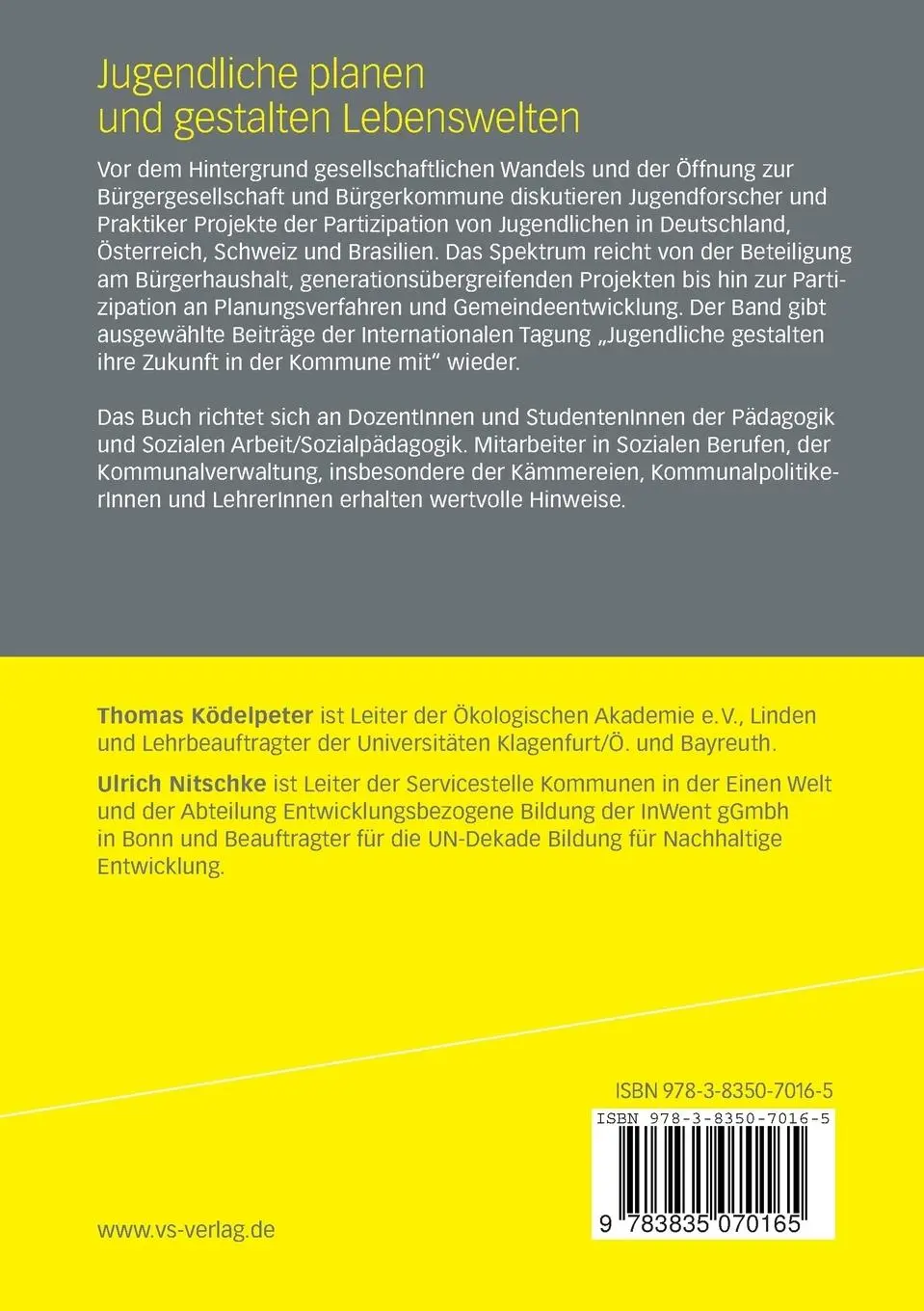 Rückseite: 9783835070165 | Jugendliche planen und gestalten Lebenswelten | Nitschke (u. a.) | vii