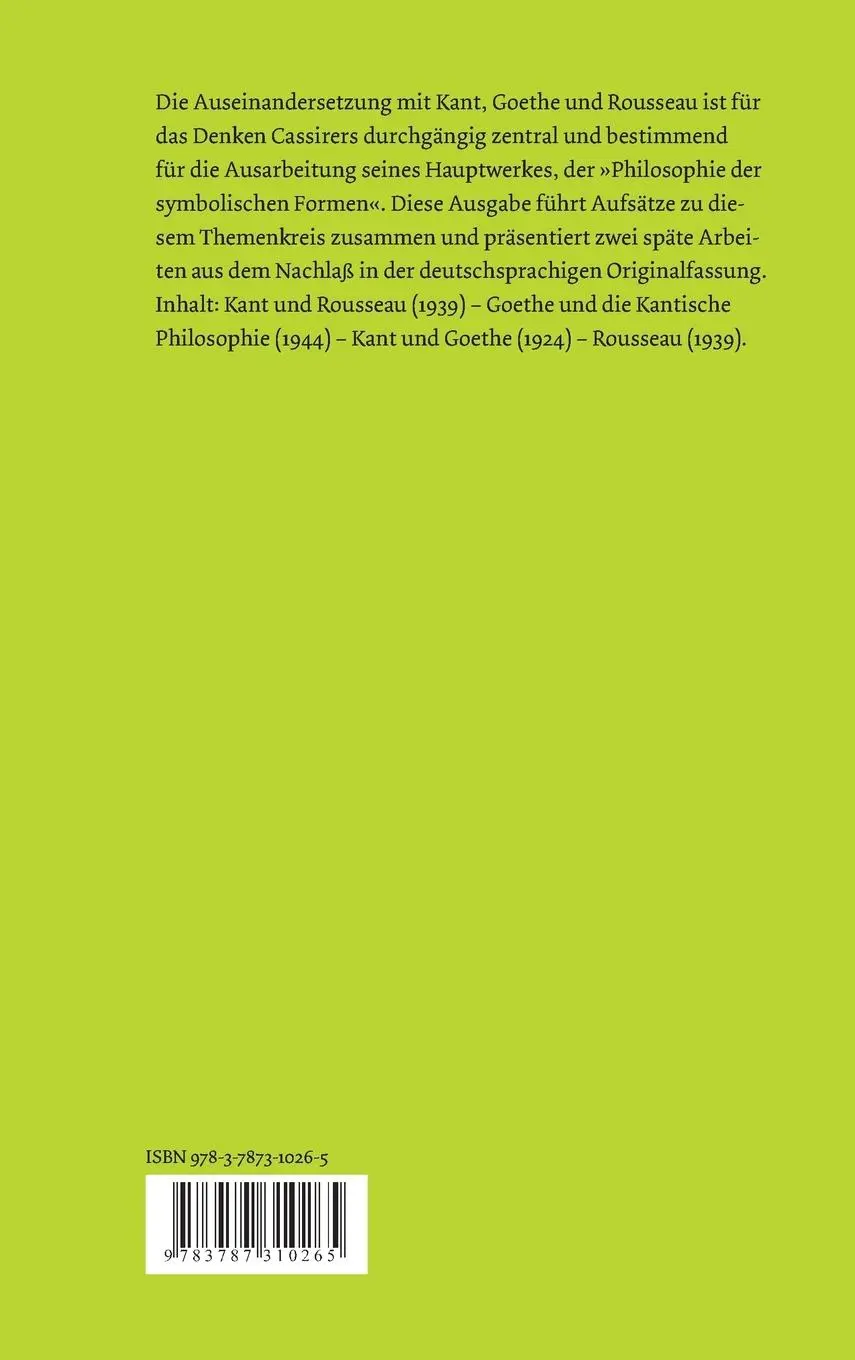 Rückseite: 9783787310265 | Rousseau, Kant, Goethe | Ernst Cassirer | Buch | 242 S. | Deutsch
