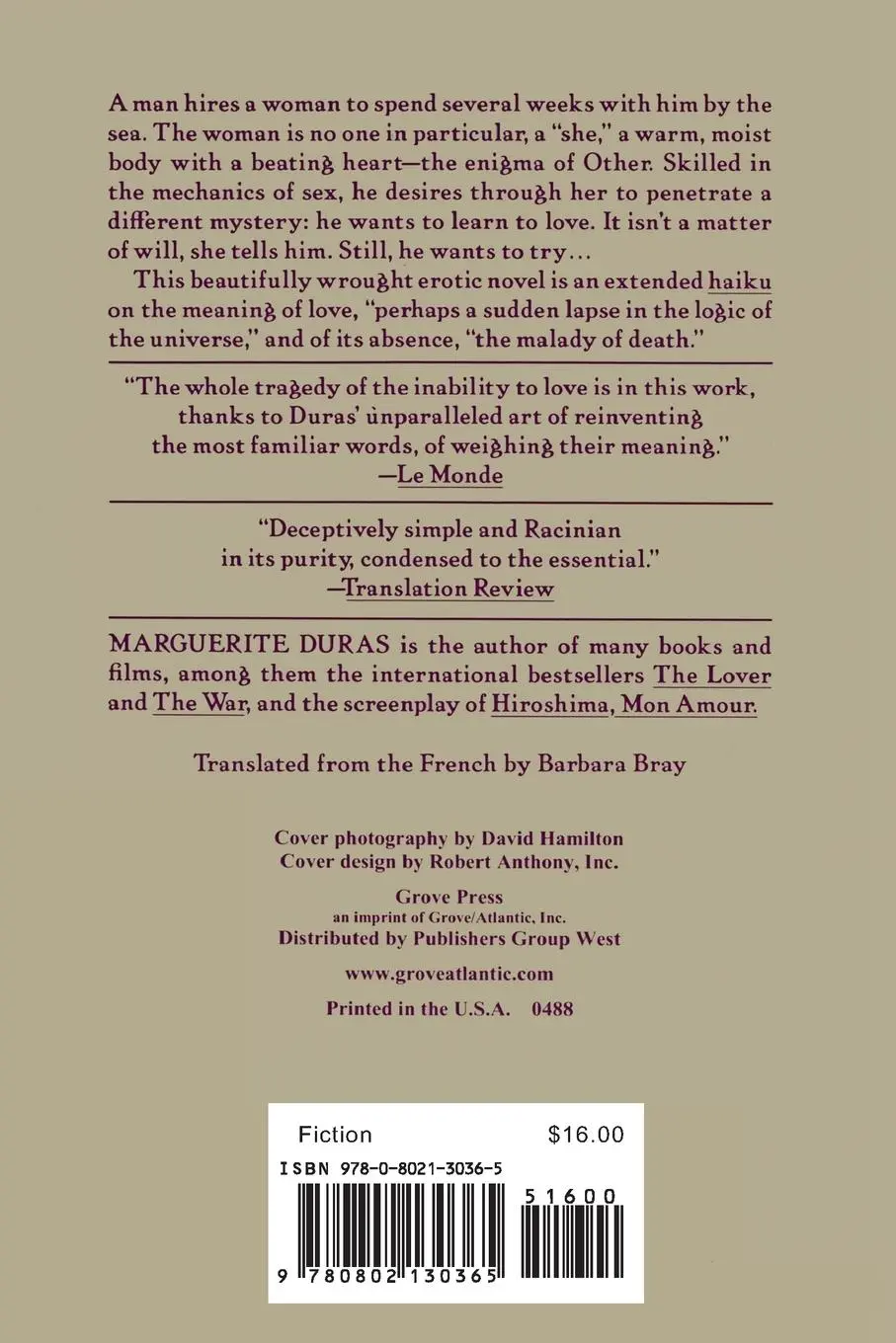 Rückseite: 9780802130365 | The Malady of Death | Marguerite Duras | Taschenbuch | Englisch | 1994