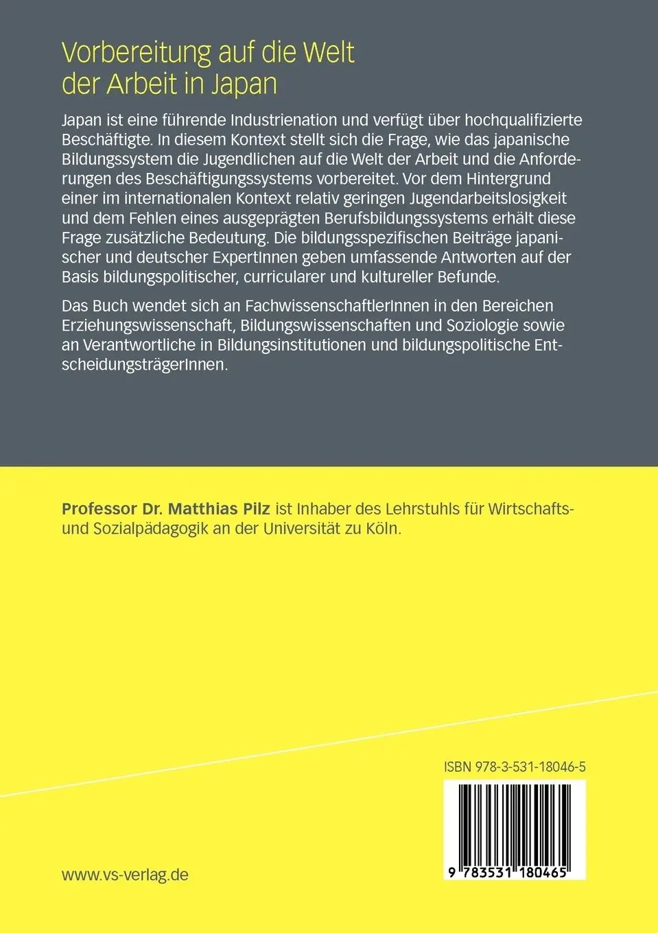 Rückseite: 9783531180465 | Vorbereitung auf die Welt der Arbeit in Japan | Matthias Pilz | Buch