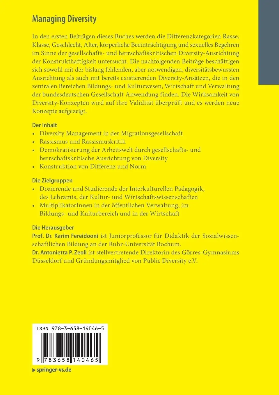 Rückseite: 9783658140465 | Managing Diversity | Antonietta P. Zeoli (u. a.) | Taschenbuch | vii