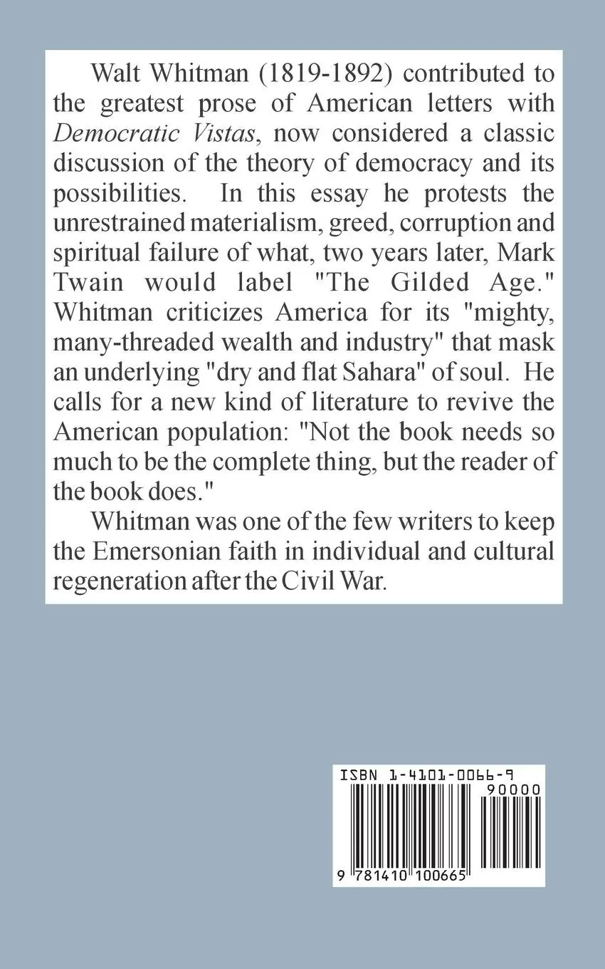 Rückseite: 9781410100665 | Democratic Vistas and Other Papers | Walt Whitman | Taschenbuch | 2002