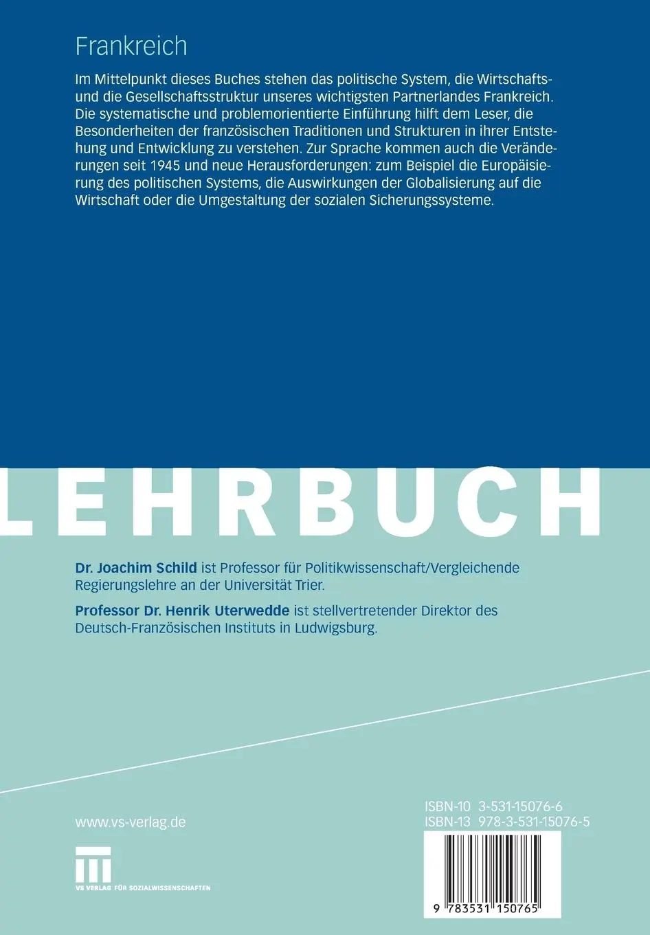 Rückseite: 9783531150765 | Frankreich | Politik, Wirtschaft, Gesellschaft | Uterwedde (u. a.)