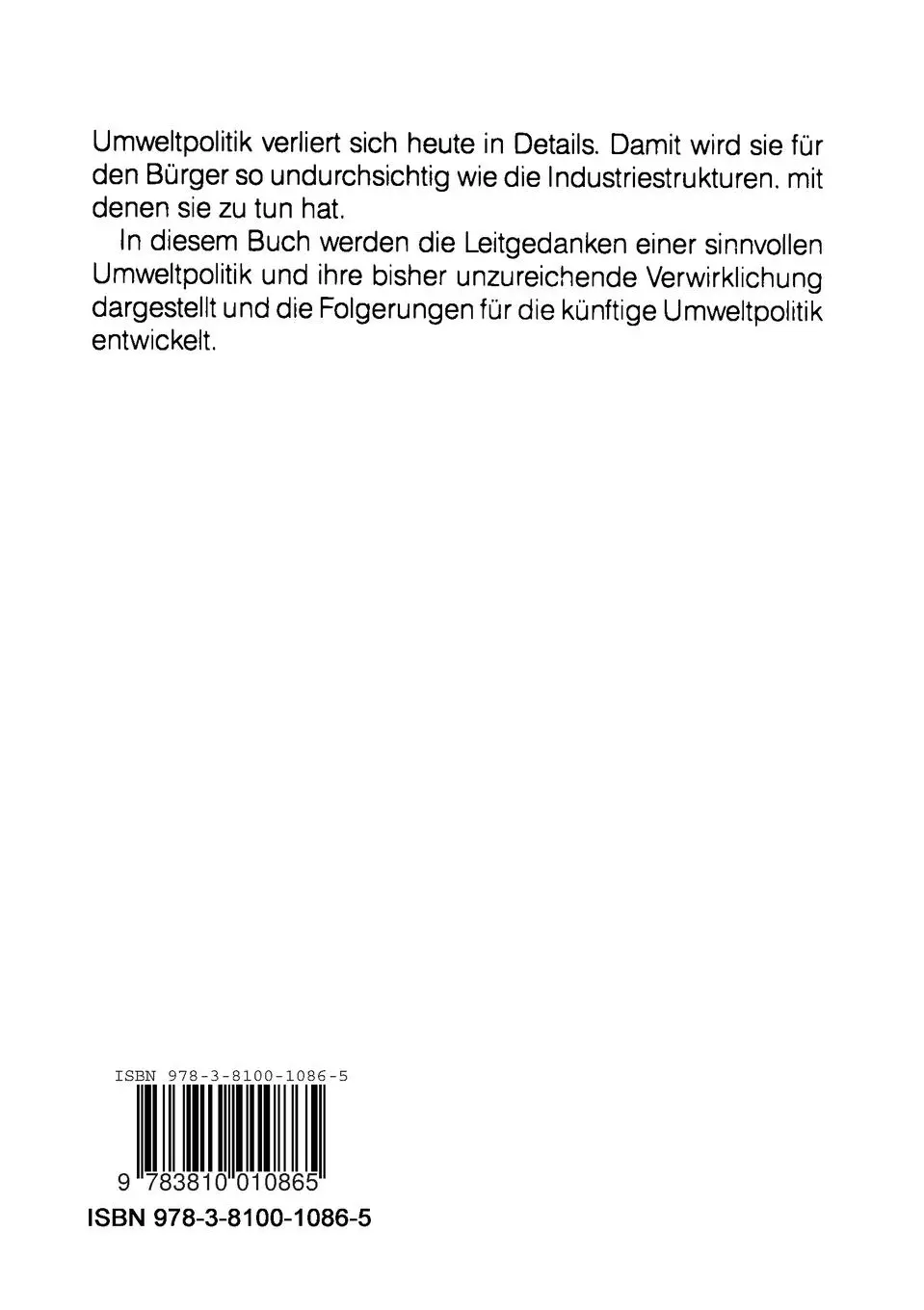 Rückseite: 9783810010865 | Umweltpolitik | Bilanz, Probleme, Zukunft | Sighard Wilhelm | Buch