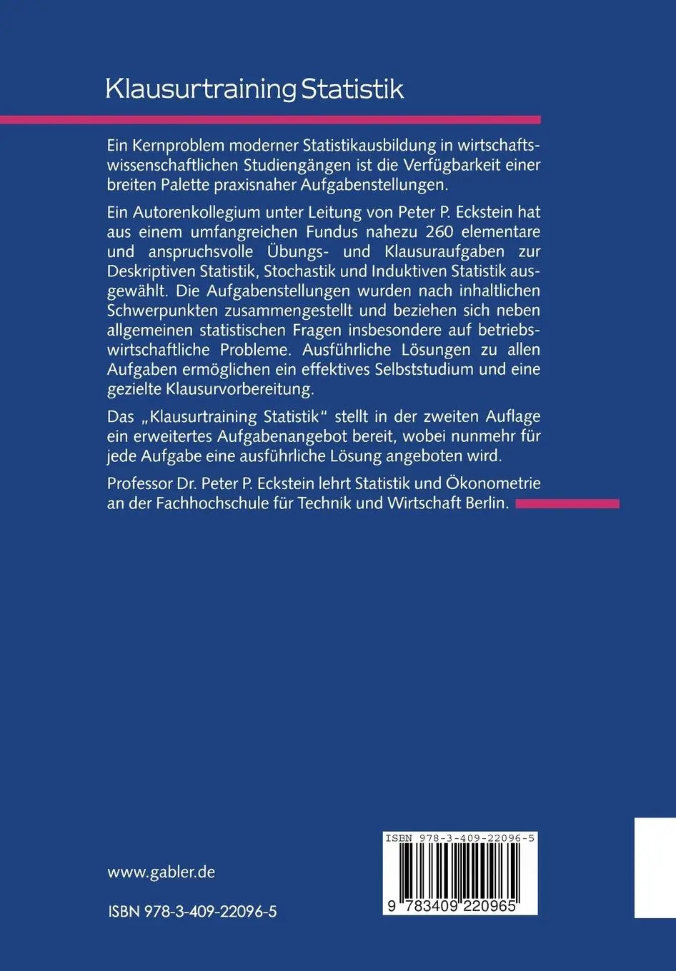 Rückseite: 9783409220965 | Klausurtraining Statistik | Peter P. Eckstein | Taschenbuch | Deutsch