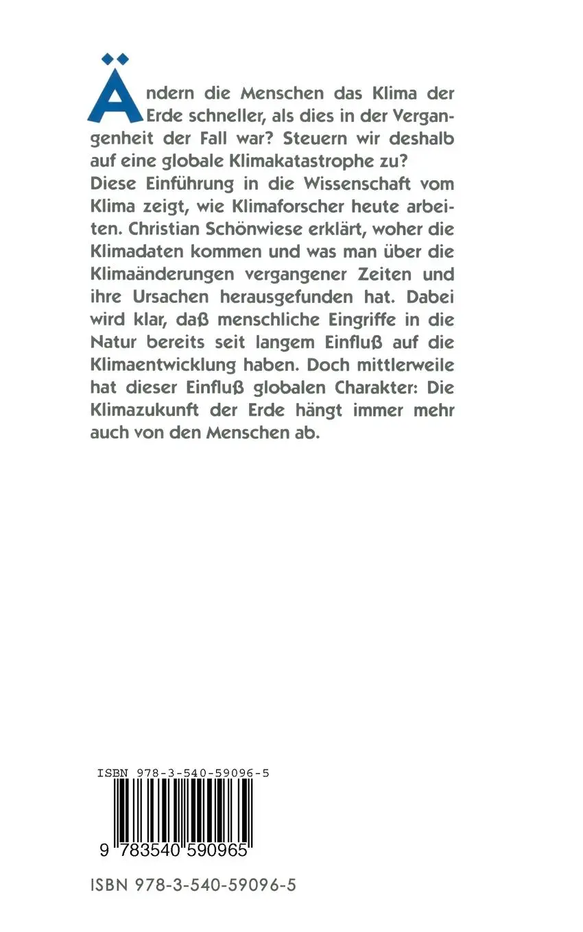 Rückseite: 9783540590965 | Klimaänderungen | Daten, Analysen, Prognosen | Christian Schönwiese