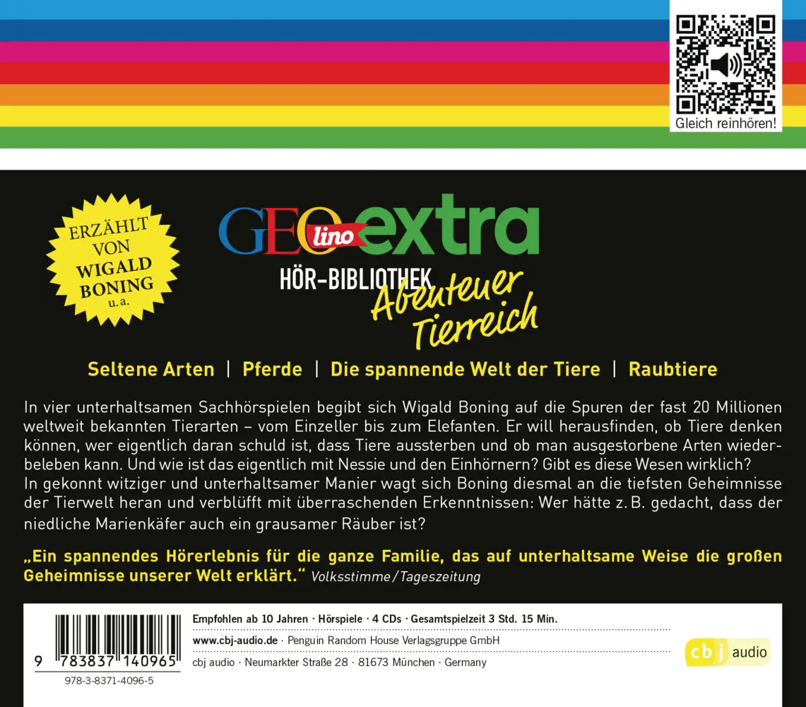 Bild: 9783837140965 | GEOlino extra Hör-Bibliothek - Abenteuer Tierreich, 4 Audio-CDs | CD