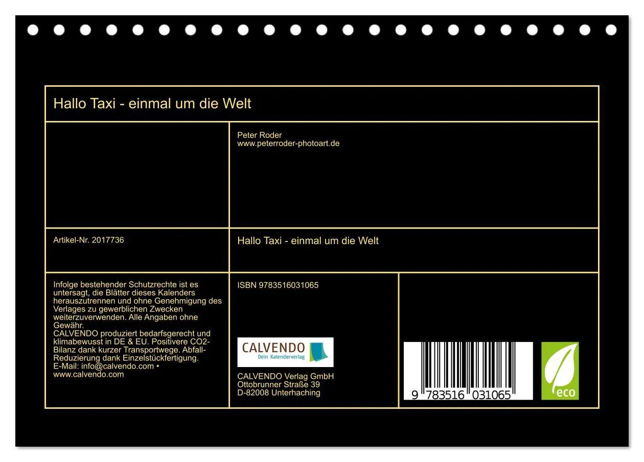 Bild: 9783516031065 | Hallo Taxi - einmal um die Welt (Tischkalender 2026 DIN A5 quer),...