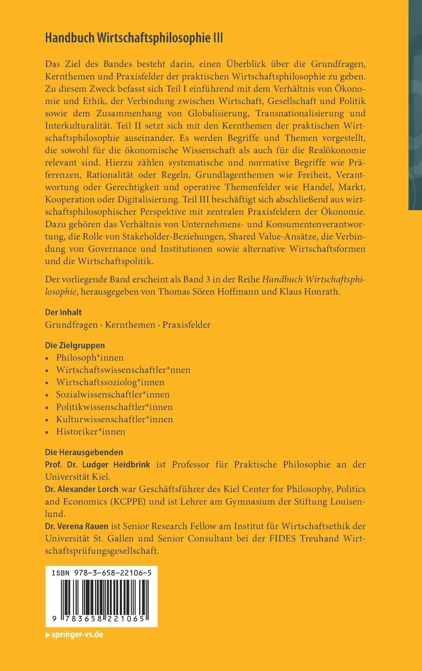 Rückseite: 9783658221065 | Handbuch Wirtschaftsphilosophie III | Ludger Heidbrink (u. a.) | Buch