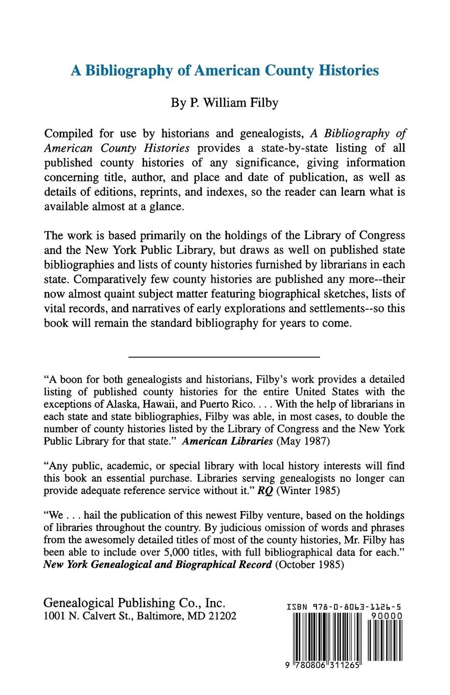 Rückseite: 9780806311265 | Bibliography of American County Histories | P. William Filby | Buch