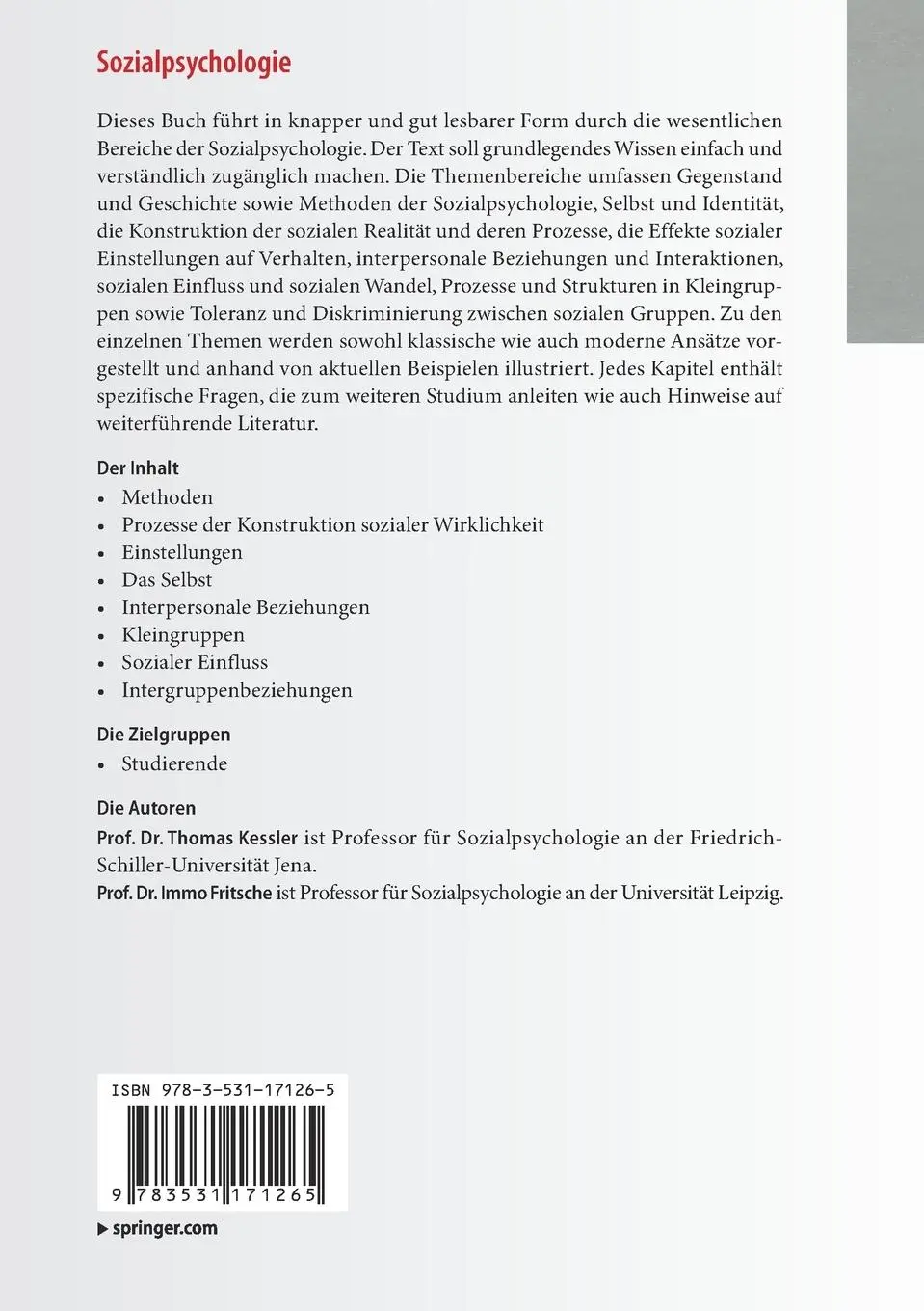 Rückseite: 9783531171265 | Sozialpsychologie | Immo Fritsche (u. a.) | Taschenbuch | x | Deutsch