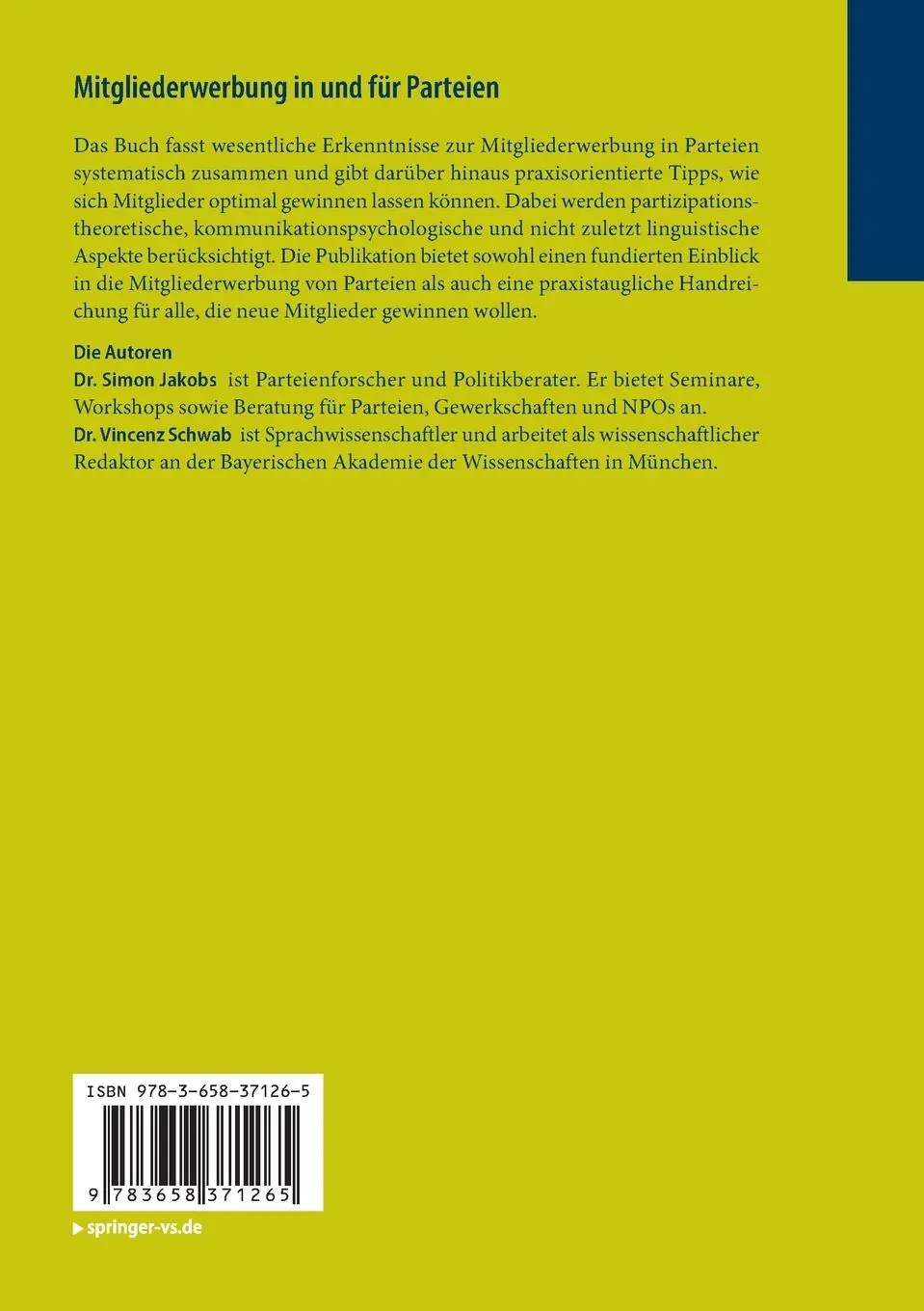 Rückseite: 9783658371265 | Mitgliederwerbung in und für Parteien | Vincenz Schwab (u. a.) | Buch