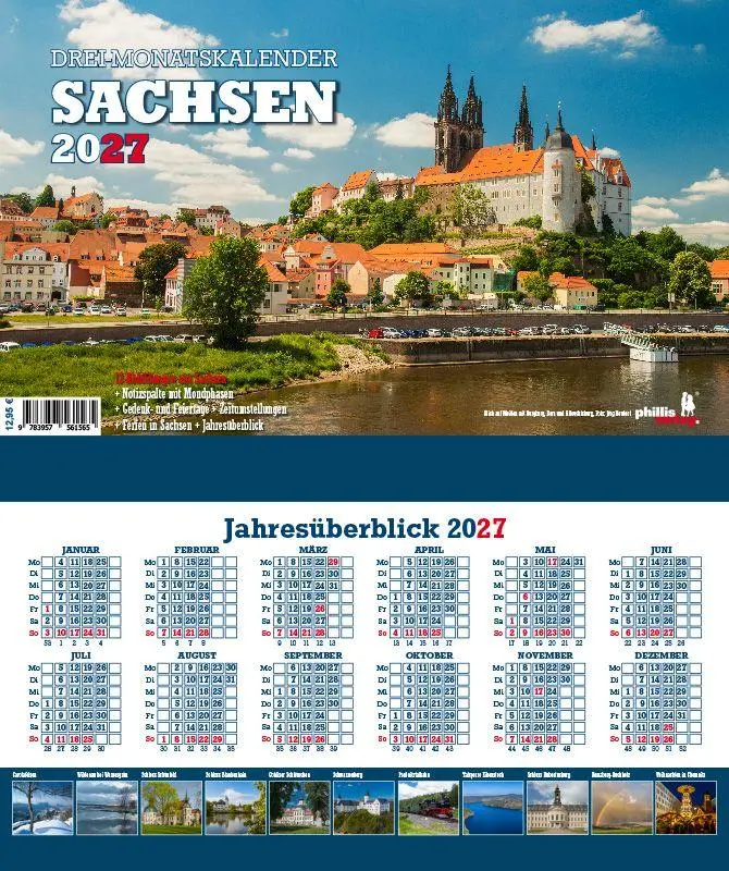 Cover: 9783957561565 | 3-Monatskalender Sachsen 2027 | Jörg Neubert | Kalender | Datumsreiter