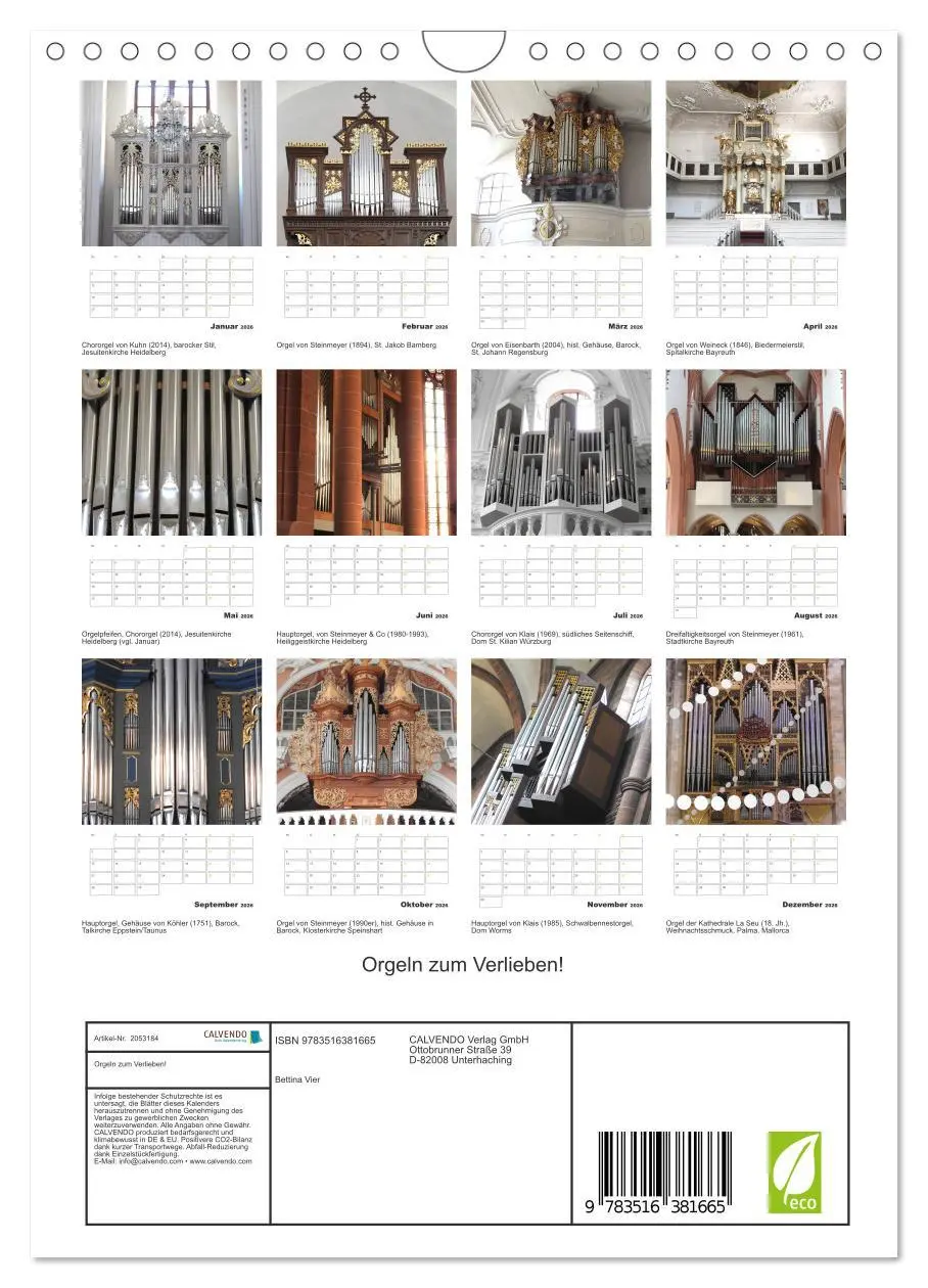 Bild: 9783516381665 | Orgeln zum Verlieben! (Wandkalender 2026 DIN A4 hoch), CALVENDO...