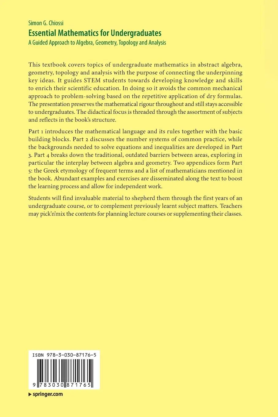 Rückseite: 9783030871765 | Essential Mathematics for Undergraduates | Simon G. Chiossi | Buch