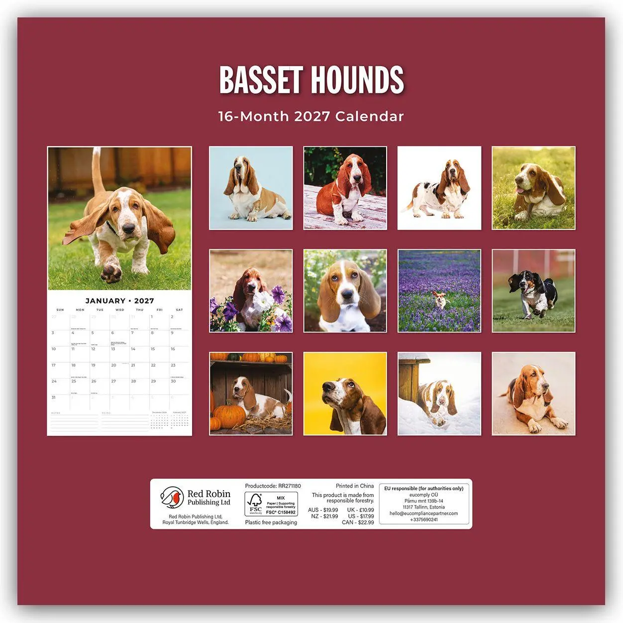 Rückseite: 9781837011865 | Basset Hounds - Basset Hound 2027 - 16-Monatskalender | Robin Red