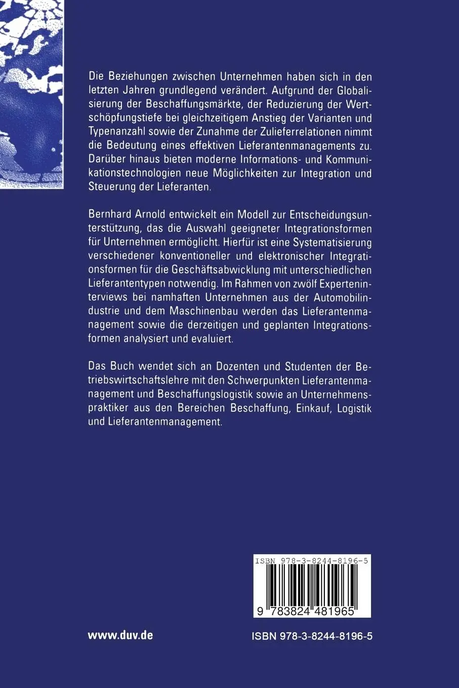 Rückseite: 9783824481965 | Strategische Lieferantenintegration | Bernhard Arnold | Taschenbuch