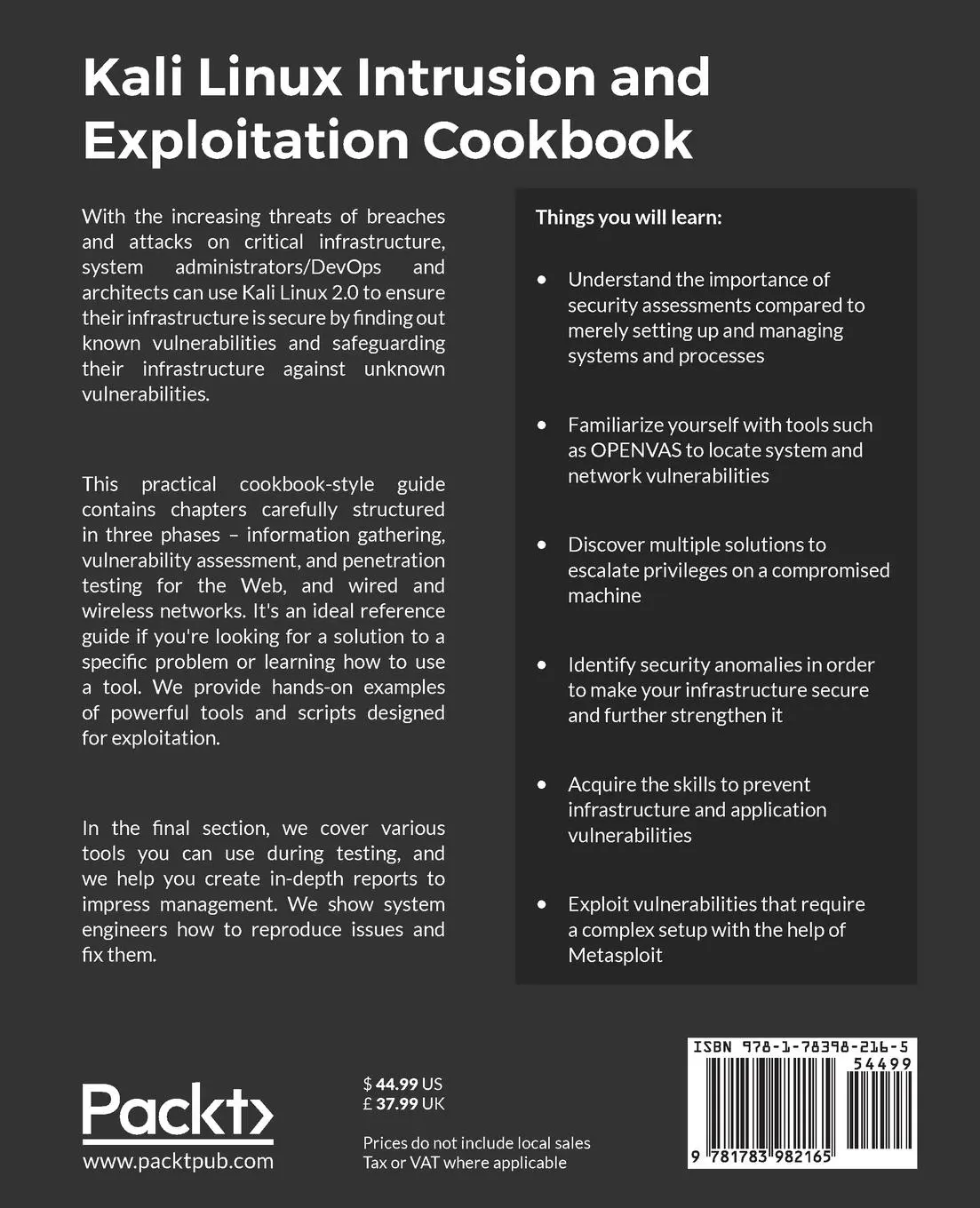 Rückseite: 9781783982165 | Kali Linux Intrusion and Exploitation Cookbook | Ishan Girdhar (u. a.)