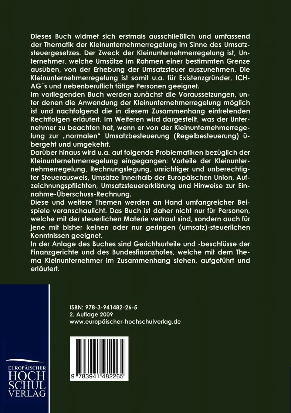 Rückseite: 9783941482265 | Die Kleinunternehmerregelung | erläutert anhand von über 60 Beispielen