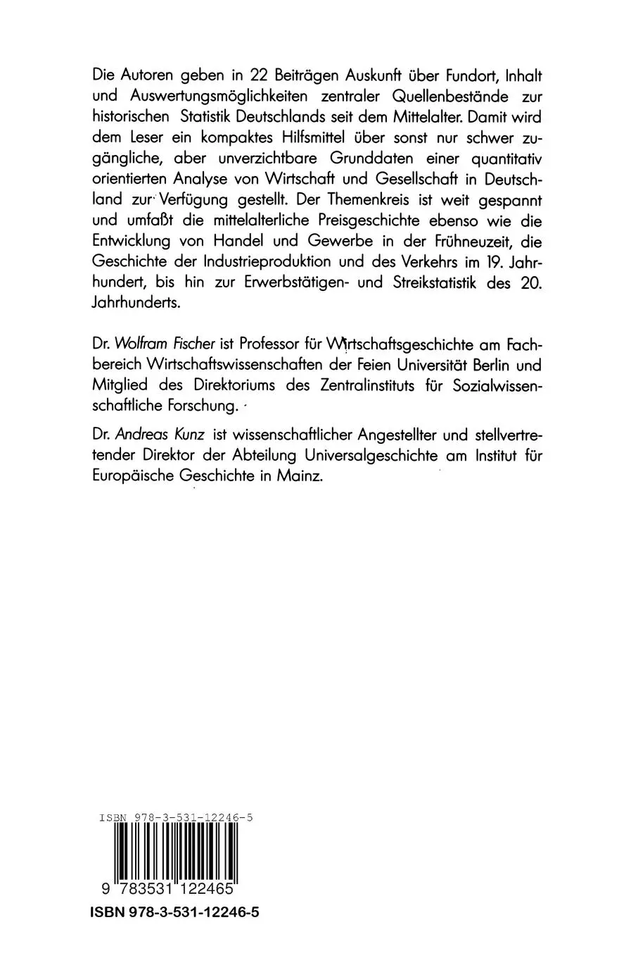 Rückseite: 9783531122465 | Grundlagen der Historischen Statistik von Deutschland | Kunz (u. a.)