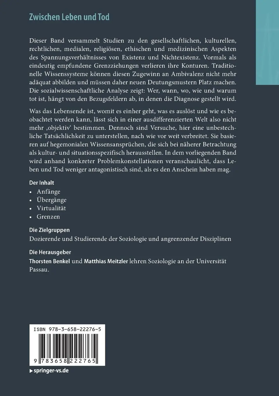 Rückseite: 9783658222765 | Zwischen Leben und Tod | Sozialwissenschaftliche Grenzgänge | Buch