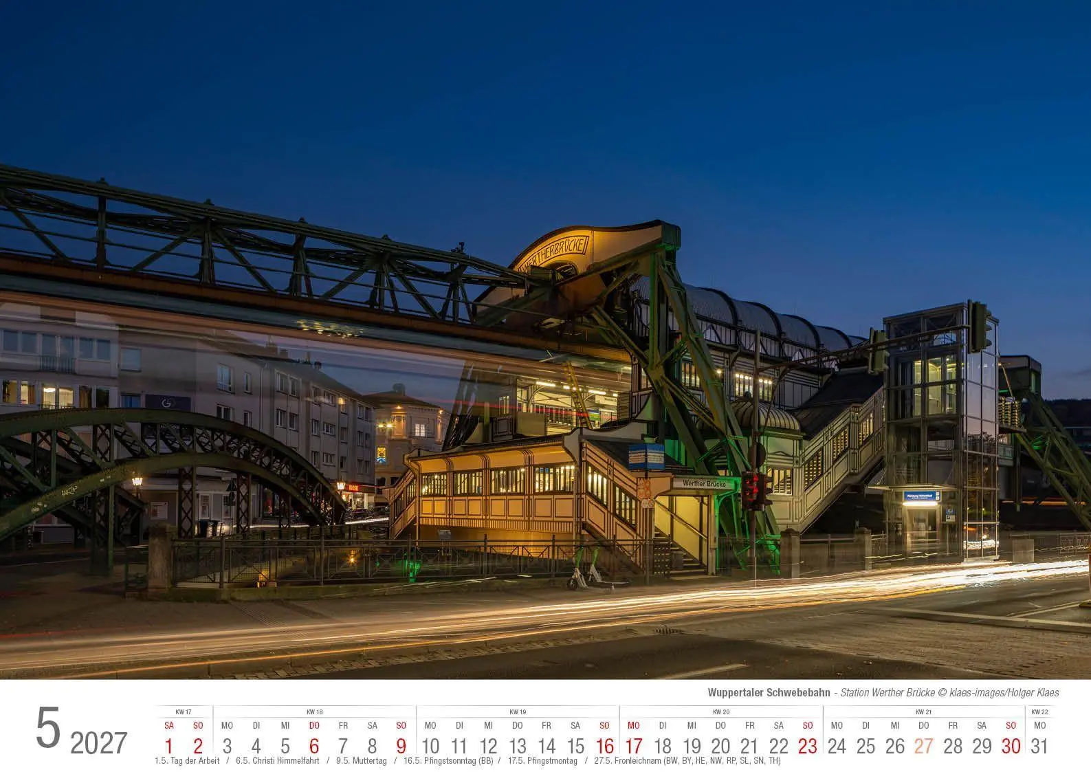 Bild: 9783965352865 | Wuppertaler Schwebebahn 2027 Bildkalender A3 Spiralbindung | Klaes