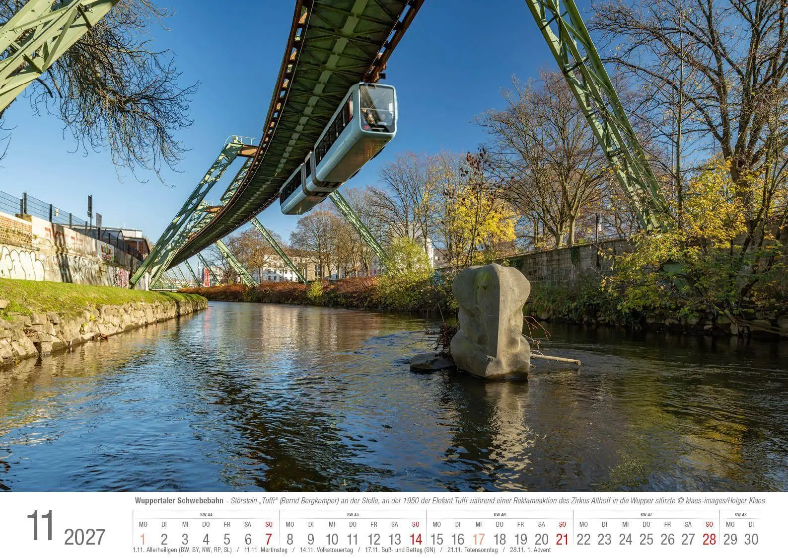 Bild: 9783965352865 | Wuppertaler Schwebebahn 2027 Bildkalender A3 Spiralbindung | Klaes