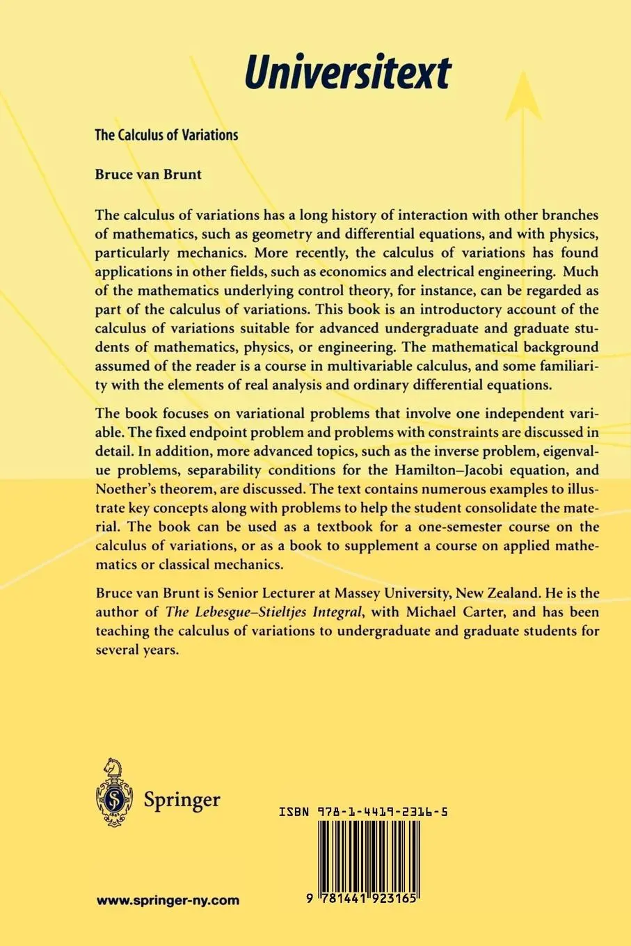 Rückseite: 9781441923165 | The Calculus of Variations | Bruce van Brunt | Taschenbuch | xiv