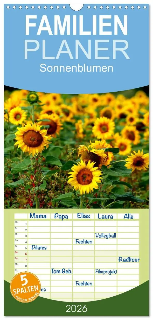 Cover: 9783516513165 | Familienplaner 2026 - Sonnenblumen mit 5 Spalten (Wandkalender, 21...