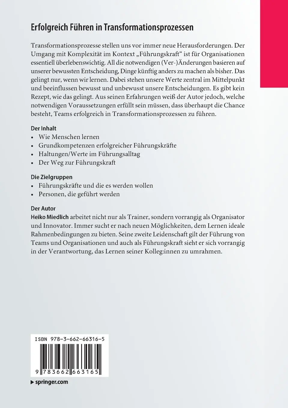 Rückseite: 9783662663165 | Erfolgreich Führen in Transformationsprozessen | Heiko Miedlich | 2022