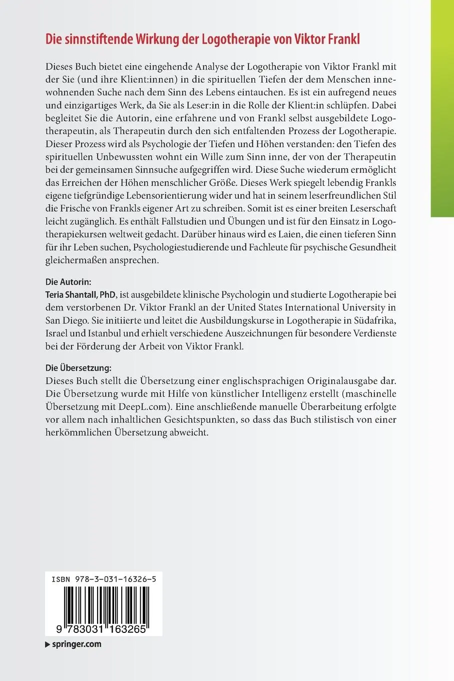 Rückseite: 9783031163265 | Die sinnstiftende Wirkung der Logotherapie von V¿ktor Frankl | Buch