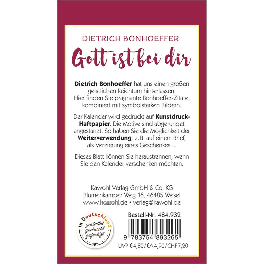 Bild: 9783754893265 | Gott ist bei dir 2026 | Mini-Aufkleber-Kalender | Dietrich Bonhoeffer