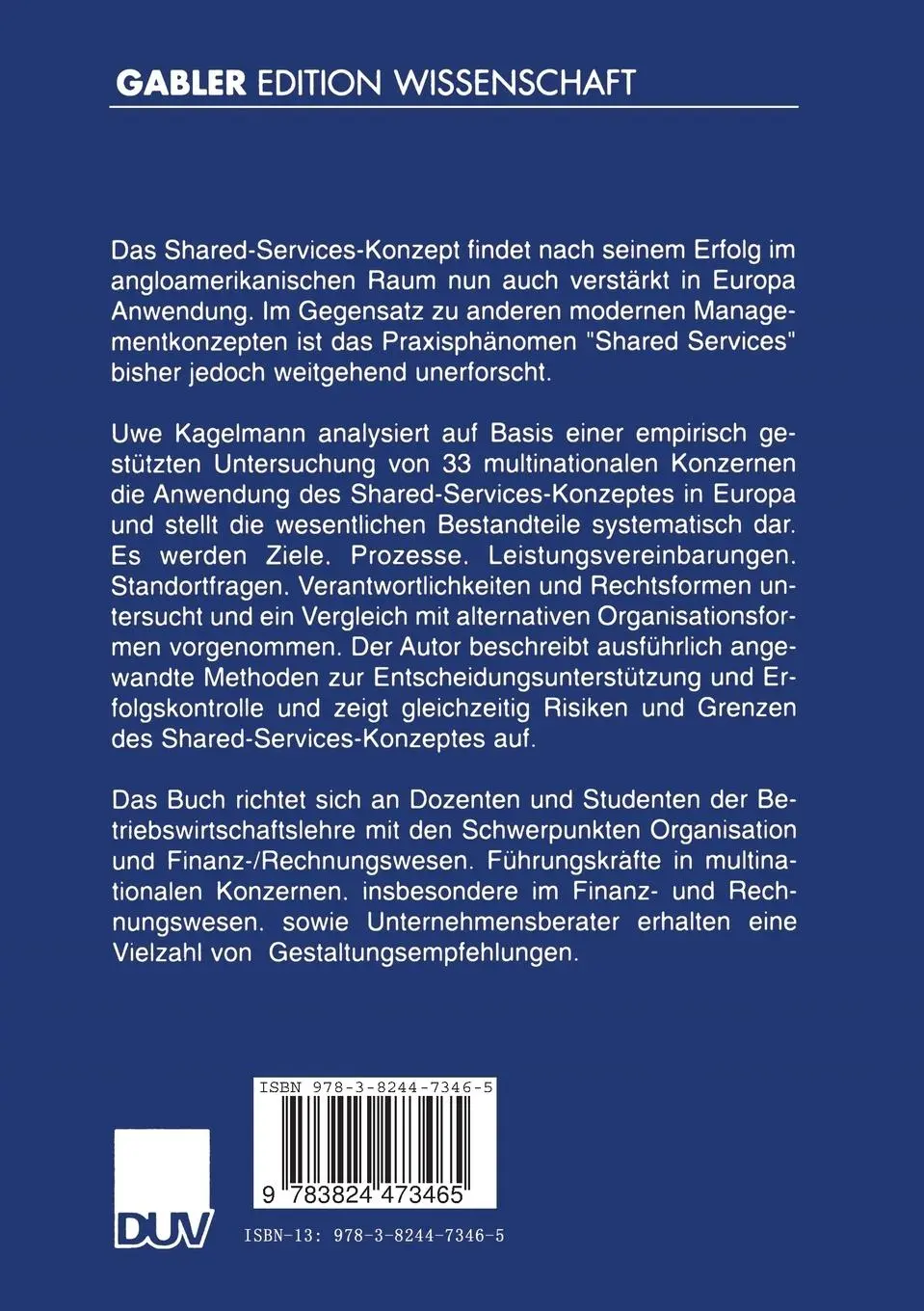 Rückseite: 9783824473465 | Shared Services als alternative Organisationsform | Uwe Kagelmann