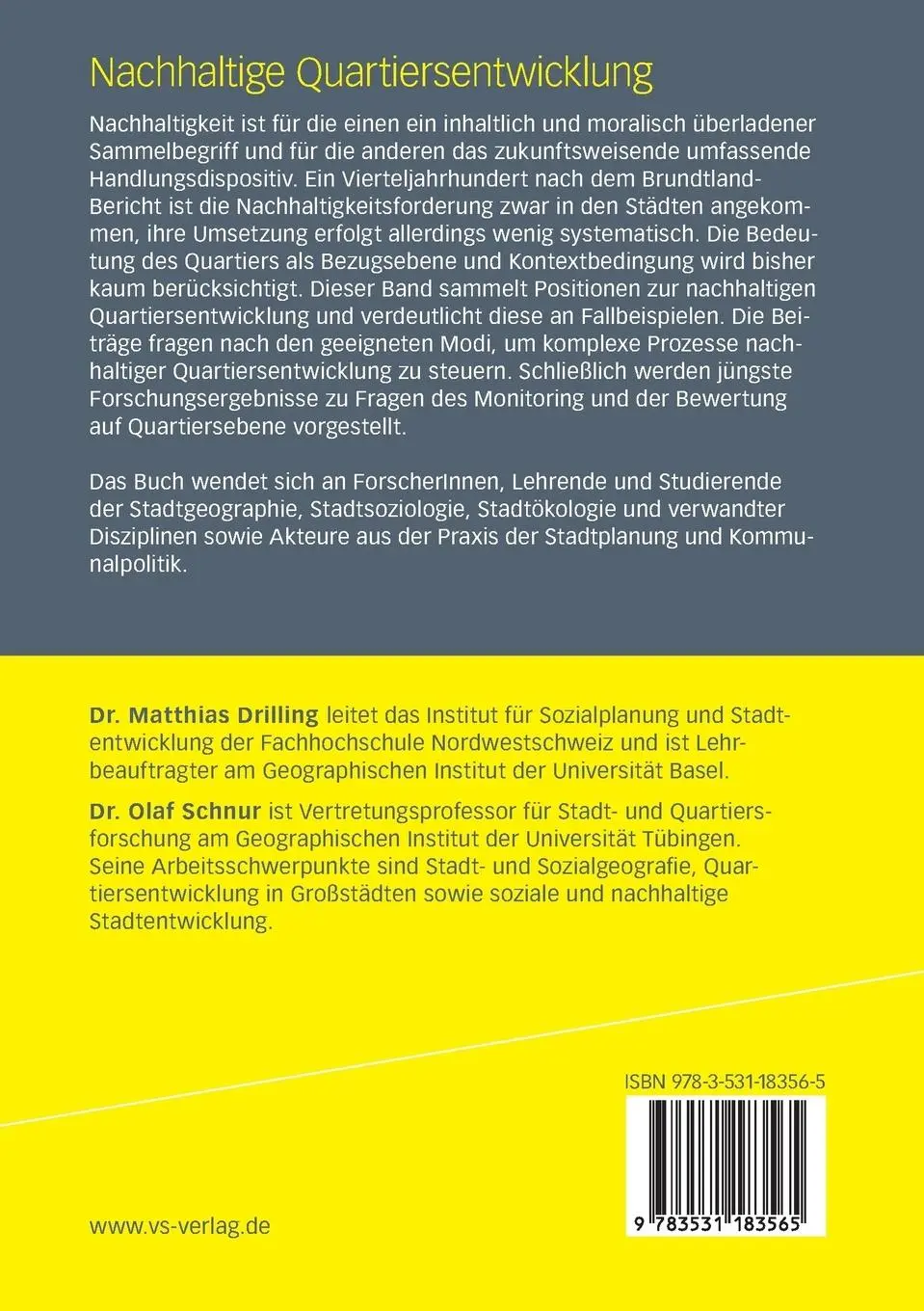 Rückseite: 9783531183565 | Nachhaltige Quartiersentwicklung | Olaf Schnur (u. a.) | Taschenbuch