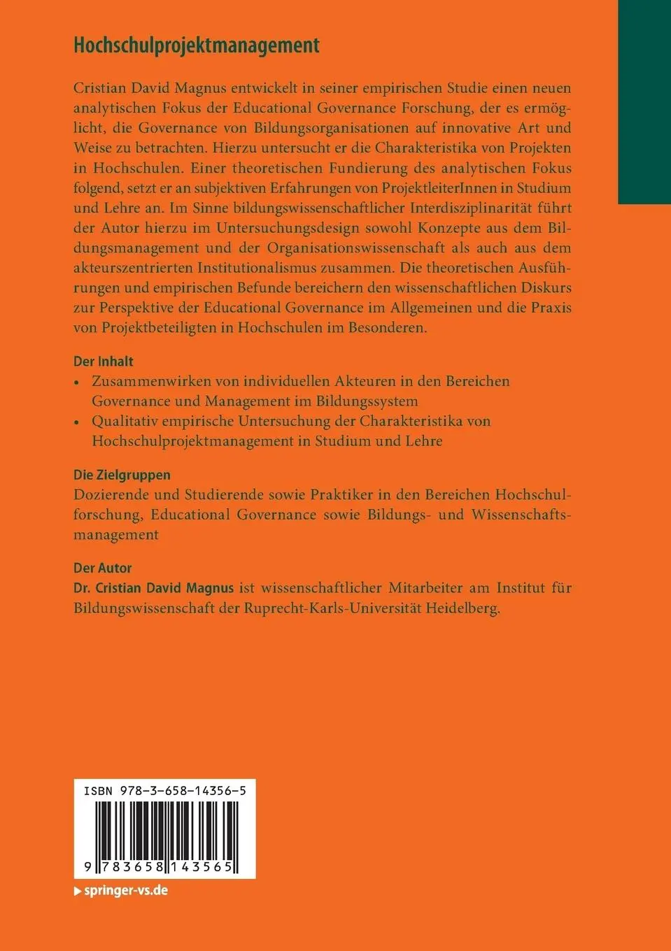 Rückseite: 9783658143565 | Hochschulprojektmanagement | Cristian David Magnus | Taschenbuch | xiv