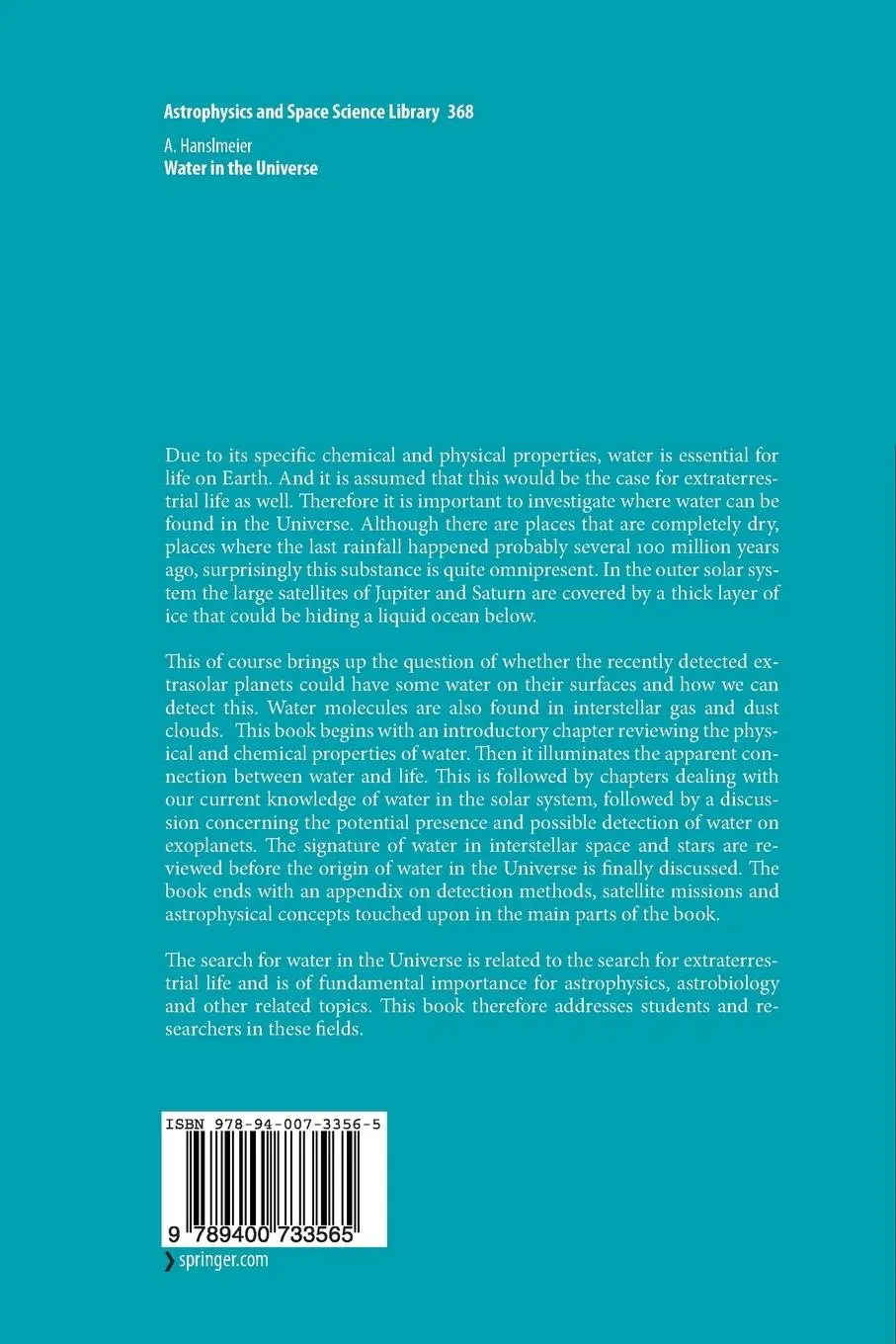 Rückseite: 9789400733565 | Water in the Universe | Arnold Hanslmeier | Taschenbuch | xiv | 2012