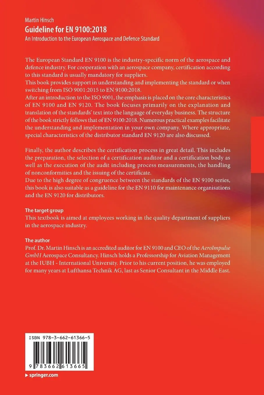Rückseite: 9783662613665 | Guideline for EN 9100:2018 | Martin Hinsch | Taschenbuch | xii | 2020