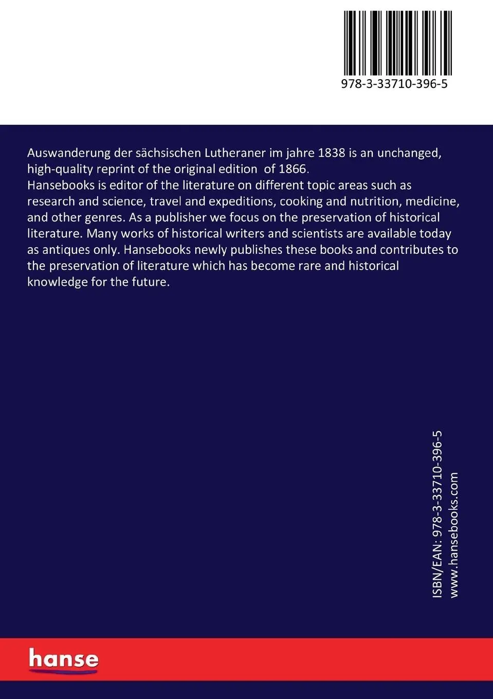 Rückseite: 9783337103965 | Auswanderung der sächsischen Lutheraner im jahre 1838 | Taschenbuch