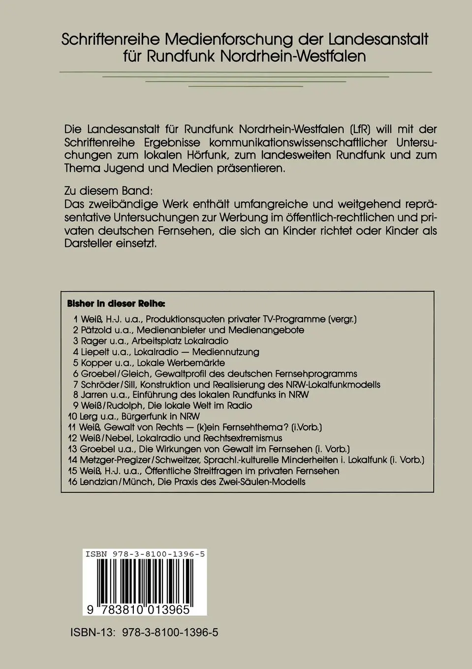 Rückseite: 9783810013965 | Fernsehwerbung und Kinder | Michael Charlton (u. a.) | Taschenbuch
